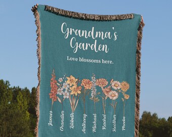 Custom Grandma's Garden Blanket, Personalized Birth Month Flower Blanket With Grandkids Names, Granny Mother's Day, Nana's Christmas Gift