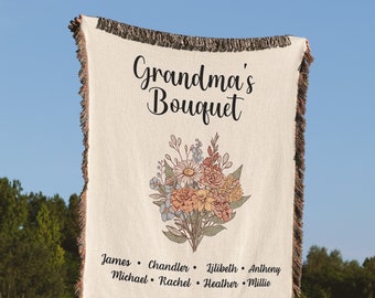 Personalized Family Birth Flower Woven Blanket, Grandma's Garden Flower Bouquet,Birth Month Custom Mother's Day Gift from Grandkids,Tapestry