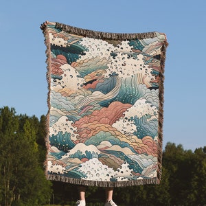 Japanese Waves Woven Tapestry, Japanese Wall Art, Ocean Waves Woven Throw Blanket, Home Decor, Birthday Gift for Him, Picnic Cotton Blanket