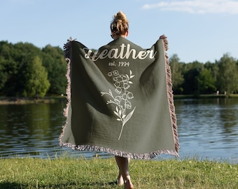 Lily of the Valley May Birth Month Flower Woven Throw Blanket, Custom 30th birthday gift for her/him, Personalized Mother's Day Gift for Mom