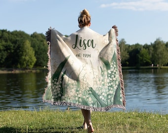 Lily of the Valley Birth Flower Woven Throw Blanket, Custom May Birth Month Gift,Personalized Mother's Day Gift for First Time Mom,Cozy Soft