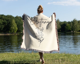Personalized May Birth Month Gift, Lily of the Valley Flower Woven Throw Blanket, Birth Flower with Name, Mother's Day Floral Tapestry Gift