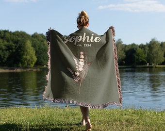 Lily of the Valley Birth Flower Woven Blanket, Personalized May Birthday Gift Throw Blanket, Custom Birth Month Gift for her,Gift for Sister