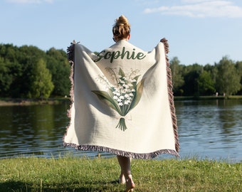 Lily of the Valley Flower Bouquet Woven Throw Blanket, Custom May Birth Month Gift, Personalized Mother's Day Gift for Mom, Sister, Grandma
