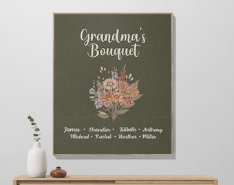 Grandma's Family Bouquet Woven Blanket Tapestry, Personalized Family Birth Flower, Grandma's Garden Mother's Day Gift, Garden Person Gift
