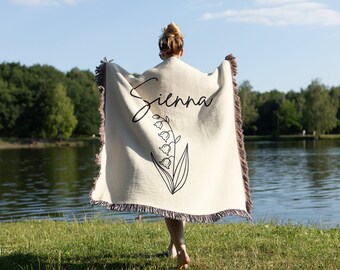 Custom May Birth Month Gift, Lily of the Valley Flower Woven Throw Blanket, Minimalist Birth Flower with Name, Cozy Blanket, 9th Anniversary