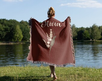 Customized Lily of the Valley Woven Throw Blanket, May Birth Month Flower, Custom Name Blanket, 2nd Anniversary Gift for wife