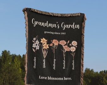 Personalized Grandma's Garden Birth Flower Woven Throw Blanket with Grandkid's Name, Growing Since, Mother's Day Gift, Birthday gift for Mom