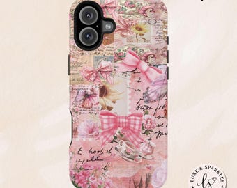 Vintage Coquette Collage Phone Case, Custom iPhone 16 Plus Magsafe Case, Tough Case for 15 14 13 Pro Max, Pink Preppy Case for Her