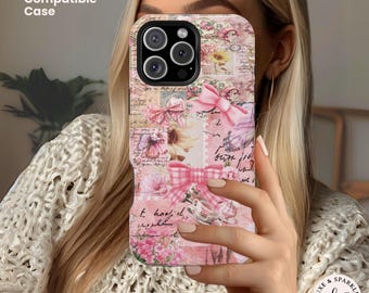 Vintage Coquette Collage Phone Case, Custom iPhone 16 Pro Max Magsafe Case, Tough Case for 15 14 13 Plus, Pink Preppy Case for Her