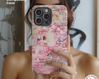 Vintage Coquette Collage Phone Case, Custom iPhone 15 Pro Max Magsafe Case, Tough Case for 15 14 13 Plus, Pink Preppy Case for Her, Kawaii