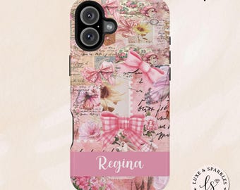 Custom Vintage Coquette Collage Phone Case, Personalized Name iPhone 16 Plus, Magsafe Case, Tough Case 15 14 13 Pro Max, Preppy Pink Case