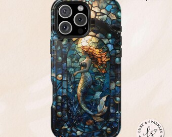 Aesthetic Beautiful Mermaid Stained Glass Mosaic Case, iPhone 16 Pro Max Magsafe Case,Magnetic Tough Case for 15 14 Plus, Ocean Lovers Gift