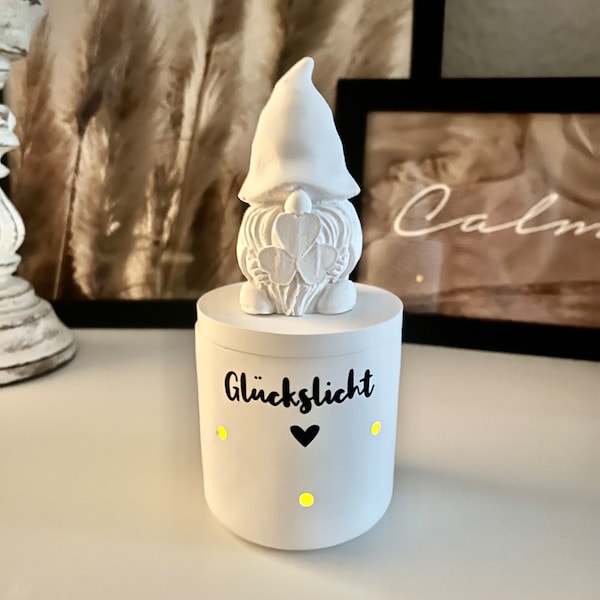 Lichterdose Glückslicht, Geschenk Glücksbringer, mit Schriftzug und Wichtel mit Kleeblatt, aus Keraflott Raysin