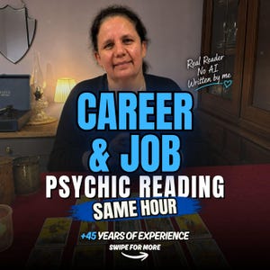 May include: A person sits behind a table with tarot cards spread out. Text overlays read: CAREER & JOB PSYCHIC READING SAME HOUR, Real Reader No AI Written by me, +45 YEARS OF EXPERIENCE, and SWIPE FOR MORE. The setting includes a lamp and mirror.