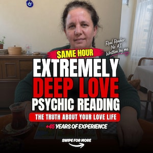 May include: A person sitting at a table with tarot cards, featuring text that reads: SAME HOUR EXTREMELY DEEP LOVE PSYCHIC READING THE TRUTH ABOUT YOUR LOVE LIFE +45 YEARS OF EXPERIENCE Real Reader No AI Written by me SWIPE FOR MORE.