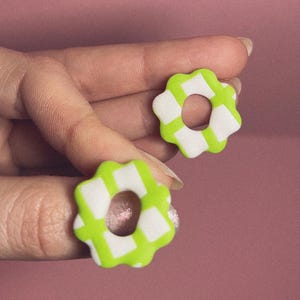 Pastel Donut Flower Clay Earrings | Gingham Clay Earrings | Handmade Polymer Donut Studs | Fun Lightweight Jewelry for Her