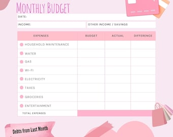 Pink Budget Download, SVG, PDF Template