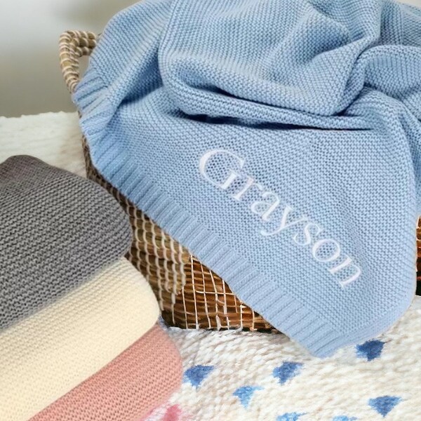 Personalized Baby Blanket with Embroidered Name, Stroller Blanket, Newborn Baby Gift, Soft Breathable Cotton Knit