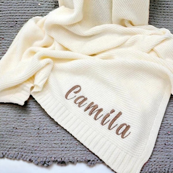 Personalized Baby Blanket with Embroidered Name, Stroller Blanket, Newborn Baby Gift, Soft Breathable Cotton Knit