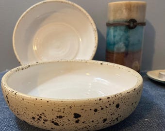 Handmade shiny white and matte speckled bowls