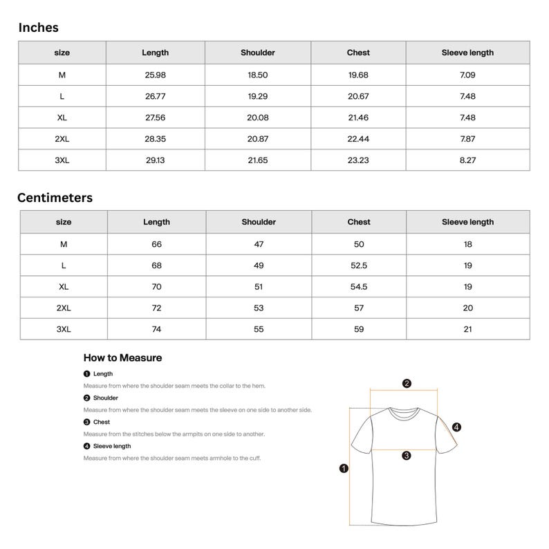 Pu&ograve; includere: Tabella delle taglie di una t-shirt su sfondo bianco, con misure in pollici e centimetri. Taglie dalla M alla 3XL, con lunghezza, spalle, petto e lunghezza manica. Un diagramma illustra come misurare la maglietta.