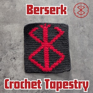 May include: A black and red crochet tapestry featuring the Berserk logo, a stylized symbol with a cross inside a circle.