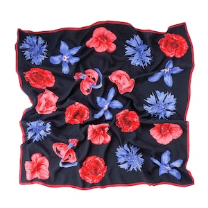 Vintage Silk Scarf: Large Tropical Floral Print, Hand-Rolled Hem