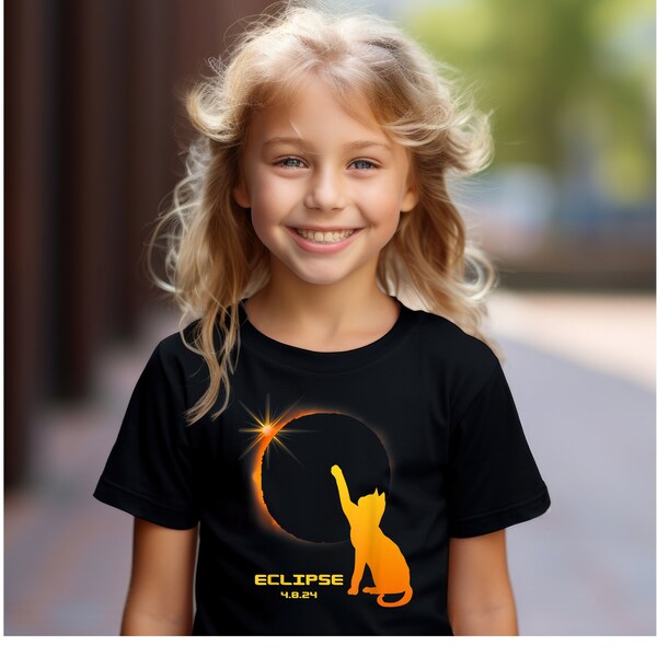 Kids Total Solar Eclipse 2024 Shirt Funny Cat Lover Gift XS-XL Youth Short Sleeve Black Tshirt Gift for Son Gift for Daughter Gift for Kid