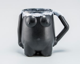 Unique mom / dad bod "modbod" body mug in black glaze with snow rim