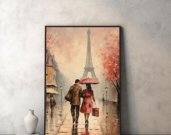 Vintage Portrait Oil Painting A Couple at Paris with Eiffel Tower Ai Generated Home Decor