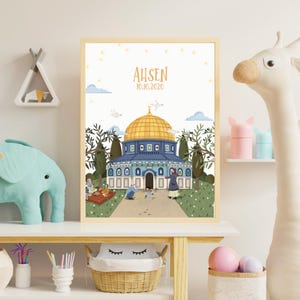Personalisierte islamische Wandbilder, Poster Druck fürs muslimische Kinderzimmer, Ramadan Eid Geschenk mit Name, Wandposter Al-Quds Design