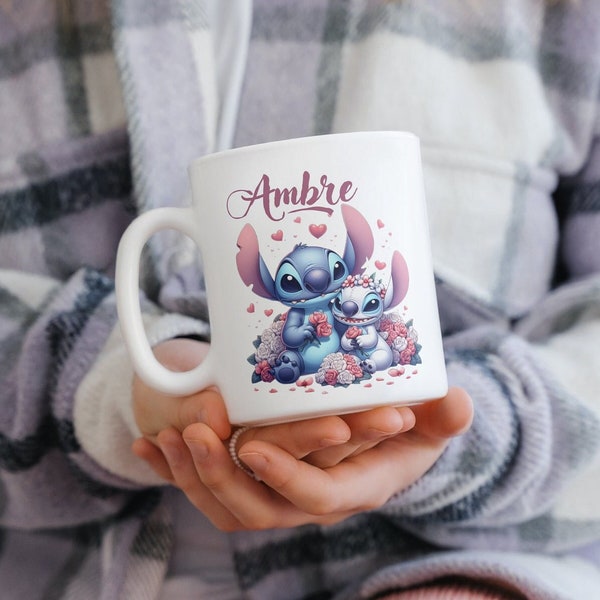 Mug Stitch et Angel personnalisable avec prénom au choix ...Tasse céramique - cadeau enfant, anniversaire, personnages animés en sublimation