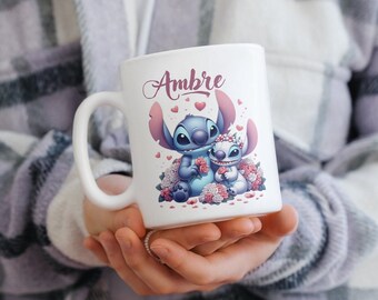 Mug Stitch et Angel personnalisable avec prénom au choix ...Tasse céramique - cadeau enfant, anniversaire, personnages animés en sublimation