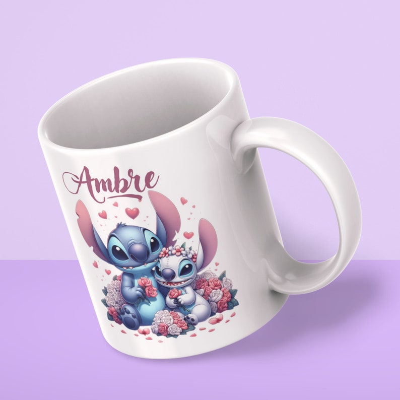 Mug Stitch et Angel personnalisable avec prénom au choix ...Tasse céramique cadeau enfant, anniversaire, personnages animés en sublimation image 2