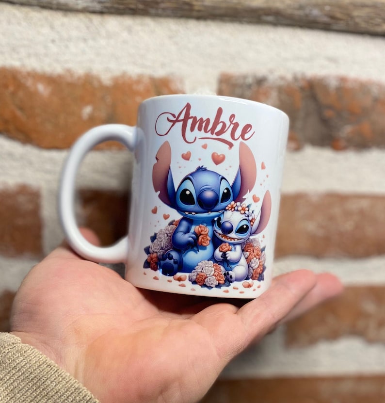 Mug Stitch et Angel personnalisable avec prénom au choix ...Tasse céramique cadeau enfant, anniversaire, personnages animés en sublimation image 3