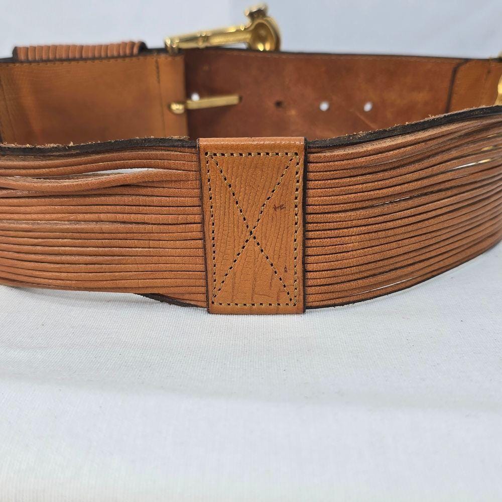 Doppia Vita Vintage Wide‎ Leather Belt Gold Buckle and Details Brown 75cm/28\