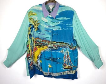 Diane Gilman Silk Button Down Shirt Beach Print Sequin Accents Woman 1X Vacay