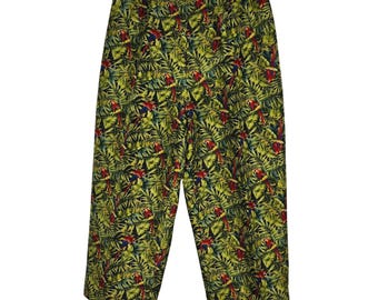 Herve Benard Collection Silk Capri Pants Woman 12 Green Tropical Parrot Print