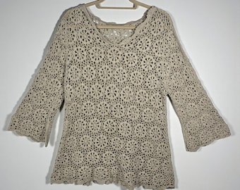 VTG Túnica de crochet beige para mujer, top estilo bohemio con cuello en V, manga 3/4, informal, para festivales, talla pequeña.