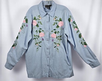 Donna Dewberry Woman Large Embroidered Floral Button Down Shirt Cottagecore Boho
