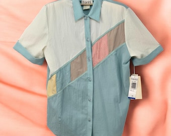 VTG Teddi Color Block Button-Up Short Sleeve Pastel Colorblock Shirt Woman M NWT