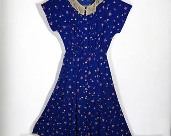 VTG Liz Claiborne Petite Midi Dress Floral Crochet Collar Blue Button Up Woman 6