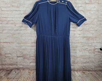Vintage 70s 80s Womans Dress Size 14 Navy Blue Sailor Pleated Short Sleeve Puff