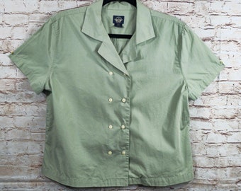 Vintage Dockers Women Shirt Petite Large Green Uniform Style Double Row Buttons