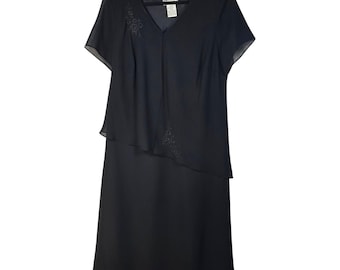 VTG Karin Stevens Black Layered Chiffon Midi Dress Embroidered 22WP Plus Petite