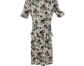 Vintage Blondie and Me Floral Peplum Dress 80s Purple Rose Midi Made in USA 7