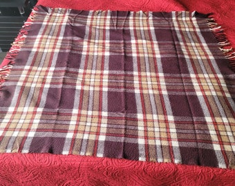 Vtg Faribo Brown Plaid Wool Throw Stadium Blanket Fringe 53x51&quot; Faribault Mill
