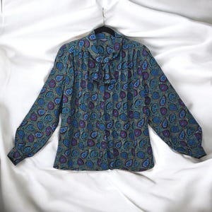 Vintage Paisley Blouse Tie Neck Long Sleeve Button Up Top Teal Purple Size MED?
