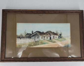 Original Old Framed Watercolor COUNTRY HOUSE Unknown Artist Signed on the Back